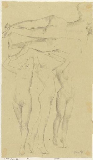 Five nude studies; three with raised arms, the others seen from the back