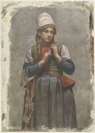 Standing girl in the costume of Marken, with skates