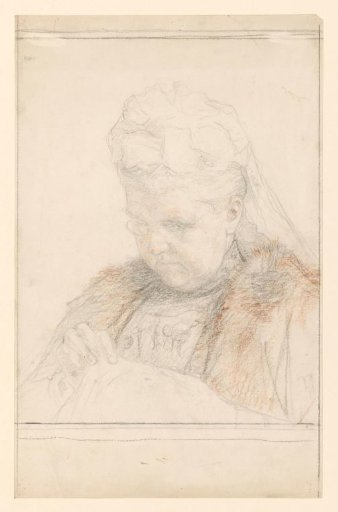 Portrait of Queen Mother Emma, working with needle and thread