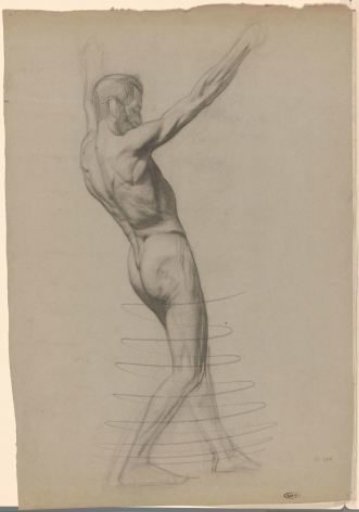 Standing Male Nude with Raised Arms, Facing Right