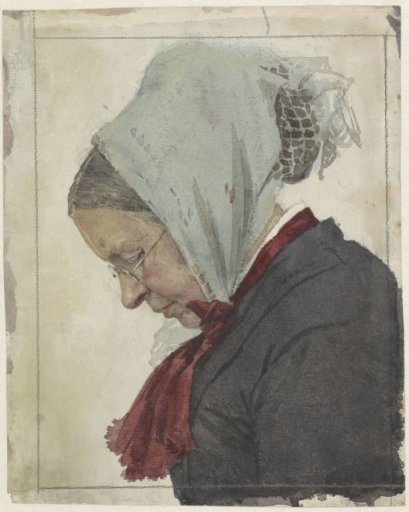 Old woman with a headscarf and red scarf