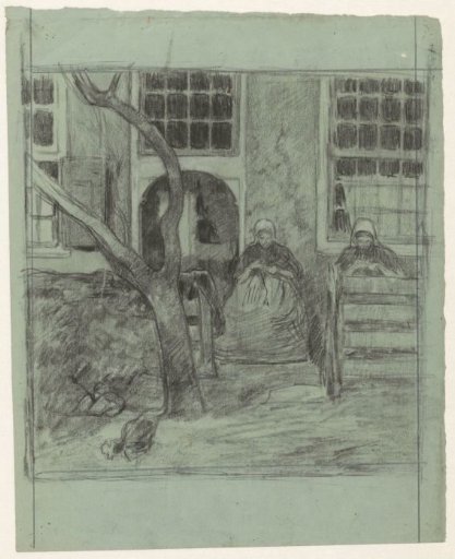 Two Women Doing Needlework in Front of a House