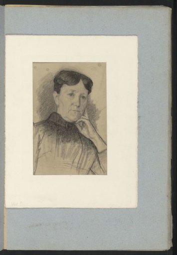 Portrait of a woman, chin resting on the left hand
