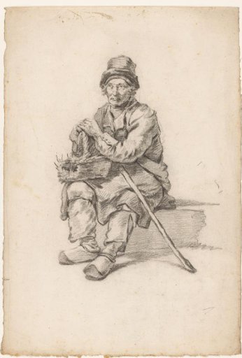 Seated man with basket and staff