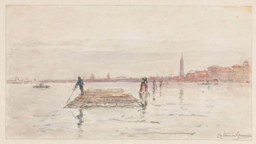 View of Venice from the water, with a wooden raft in the water in the foreground