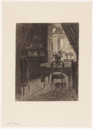 Room interior with table and chair in front of the window