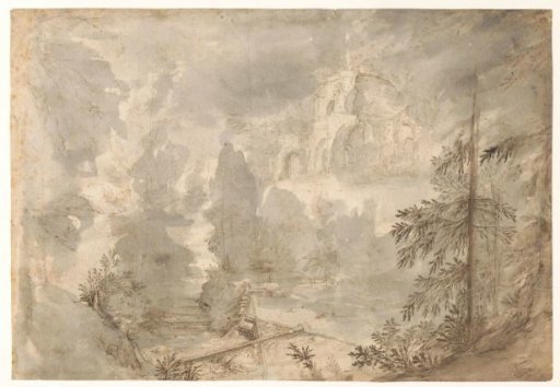 Bergachtig landschap met ruïne