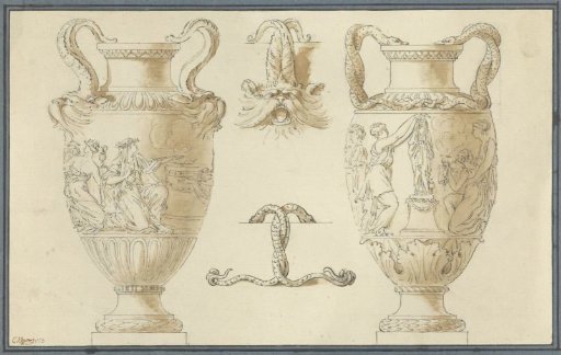 Designs for two garden vases, with detail studies of the handles