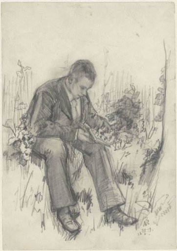 Portrait of Johan de Meester, reading a book in a garden
