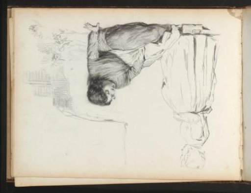 Girl sitting against a wall and a standing woman in wooden shoes