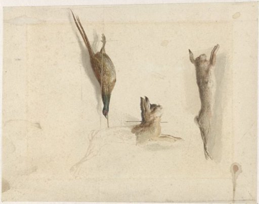 Dead pheasant and two dead hares