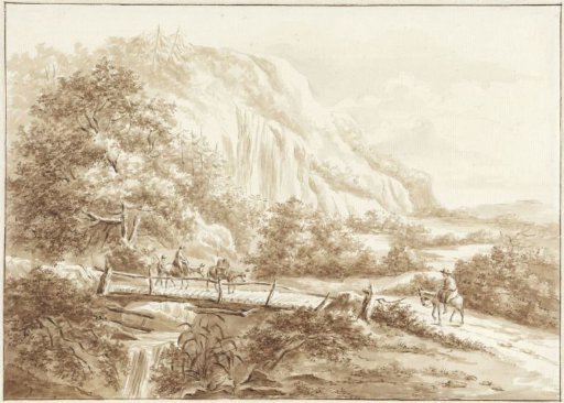 Mountain landscape with travellers on donkeys crossing a wooden bridge