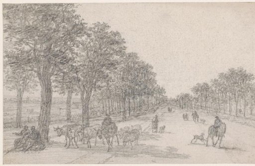 Tree-Lined Road with a Shepherd and Flock, a Man on Horseback and Passers-By