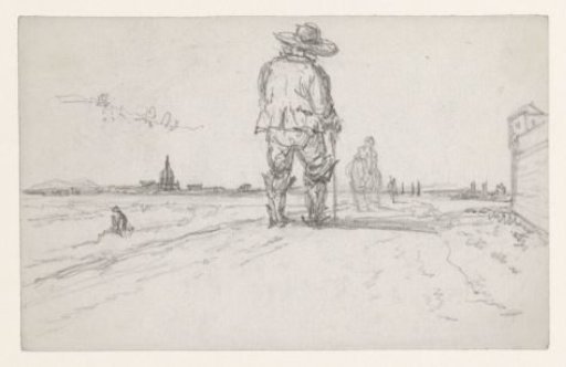 Country road in the vicinity of the city with a pedestrian seen from behind; on the left the dome of the Invalides