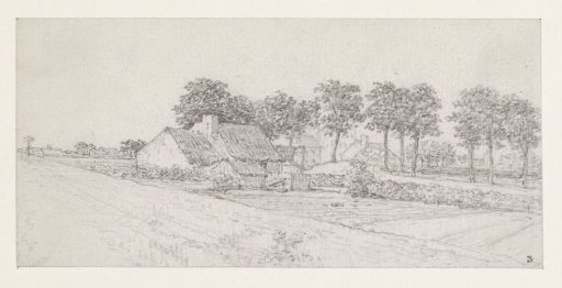 Farmhouses; cultivated fields in the foreground