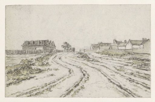 Road with deep cart tracks, in the distance houses on the left and right