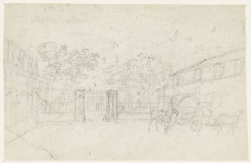 Post coach at a gate between two buildings