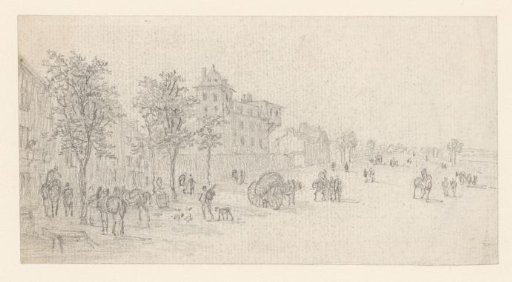 Stopping place on the edge of the town, two unharnessed horses to the left