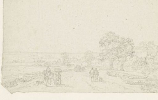 Country road with a rider, woman with a bundle on her head, two pedestrians and a cart
