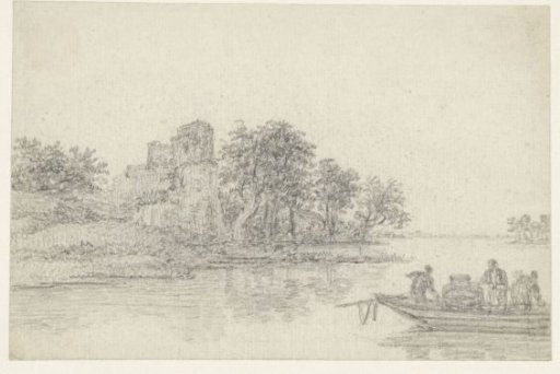 Ferry on a river; to the left a ruin