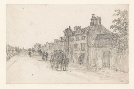 Road with a sledge; houses to the right