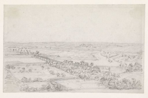Dark hilly landscape, houses to the right