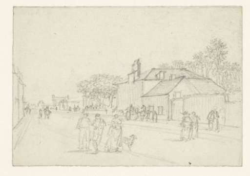 Passers-by in a wide street, on the left a gendarme, a man, women and dog