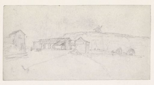 Farmhouses and a stable at the foot of a hill with a mill