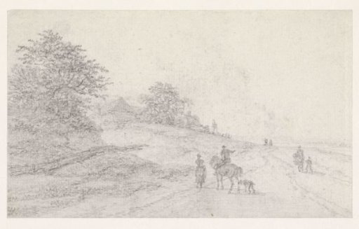 Rider with a dog and a woman on a country road