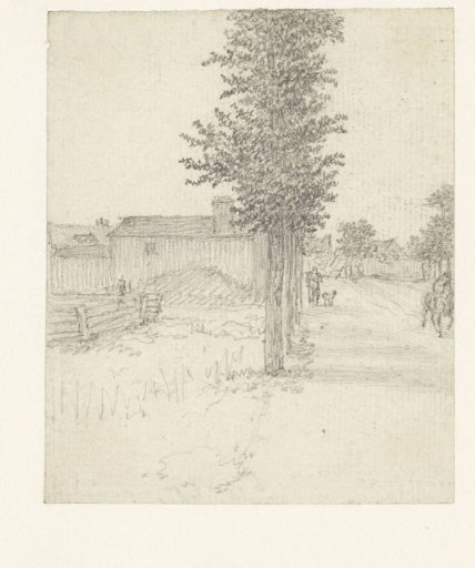 Country lane with trees to the left and some houses on the same side
