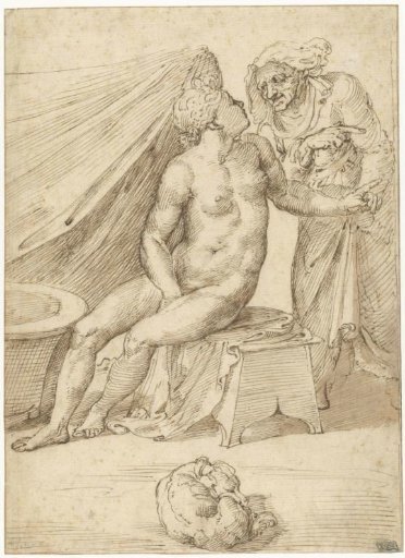 Old woman brings a message to a young woman seated by a bath