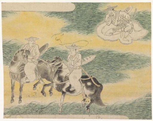 Two horsemen and, to the right, a sleeping samurai