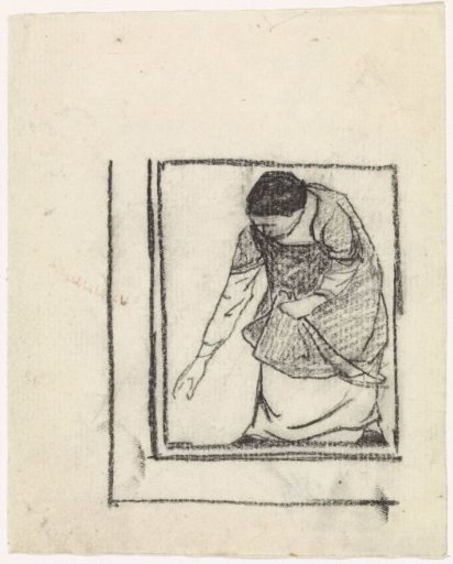 Bending woman collecting objects in her apron