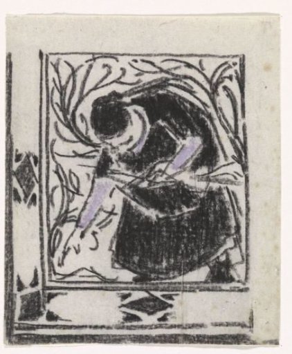 Bending woman collecting objects in her apron