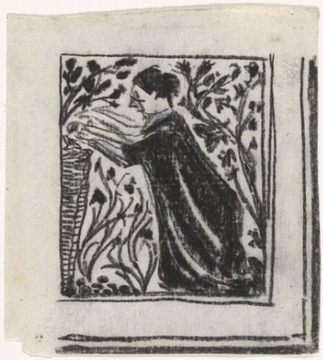 Kneeling woman collecting objects in a basket
