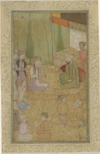 Ascetic seated before a ruler and his court