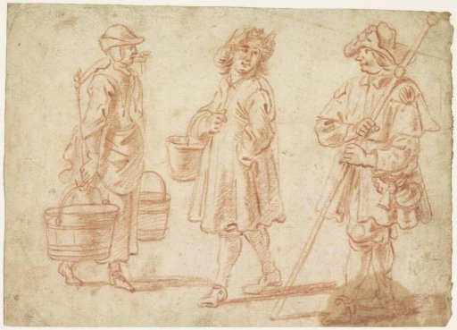 Three sketches of a woman with a yoke, a man with a bucket and a pilgrim