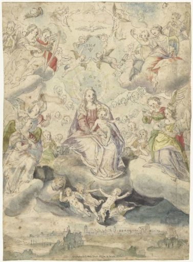 Mary and Child on the Clouds Amidst Angels and Cherubim