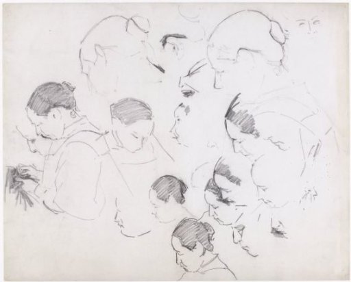 Sketch sheet with various studies of a female head