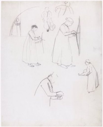 Sketch sheet with various studies of a standing woman
