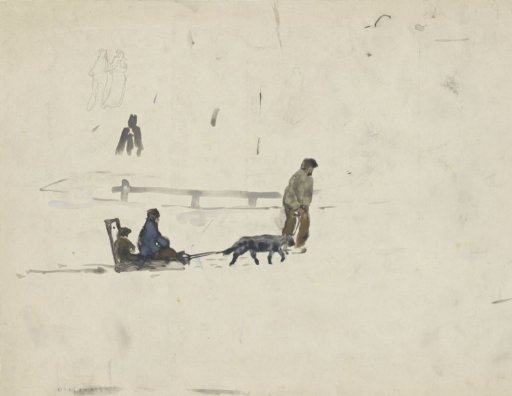 Sledge with two children drawn by a man with a dog