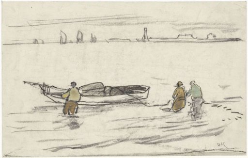 Three men standing in the water pulling a sailing boat to the shore