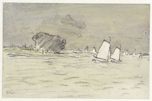 Sailing ships by a riverbank