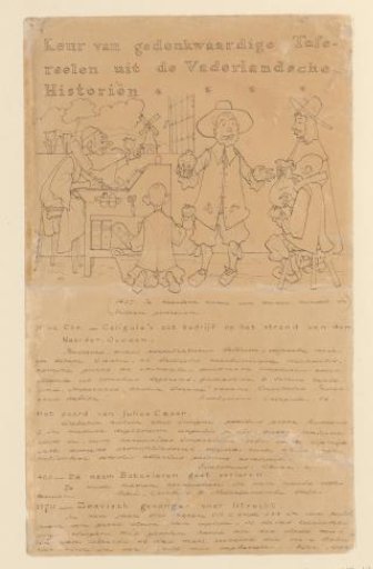 Sheet with handwritten descriptions of eight scenes from 'Selection of memorable scenes from national histories'