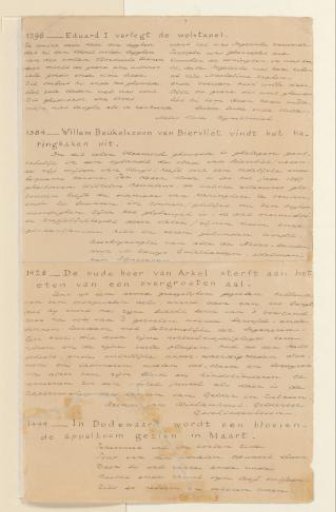 Sheet with handwritten descriptions of eight scenes from 'Selection of memorable scenes from the national histories'
