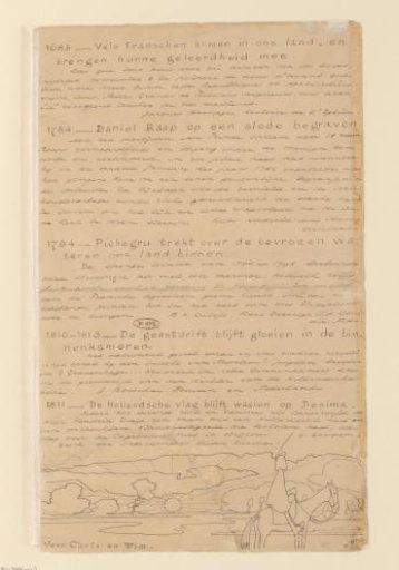 Sheet with handwritten descriptions of scenes from 'Selection of memorable scenes from the national histories'