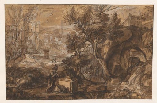 Landscape with Shepherd by an Antique Sarcophagus