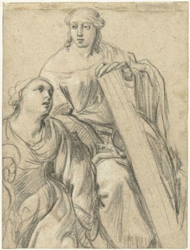 Two female figures, seated to the right