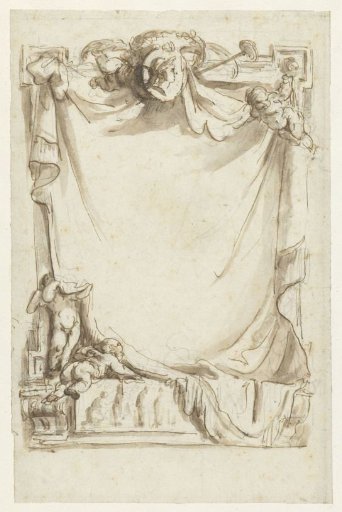 Design for a title page with putti and a curtain for a window