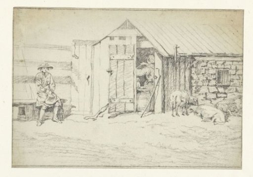 Young man on a bench at a farmhouse